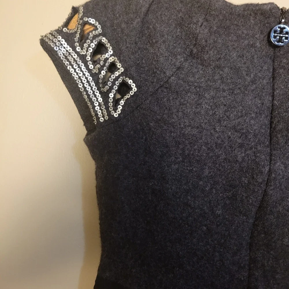 Tory Burch Wool Silk Layered Hem Dress XS Grey Sequin Embellished Excellent